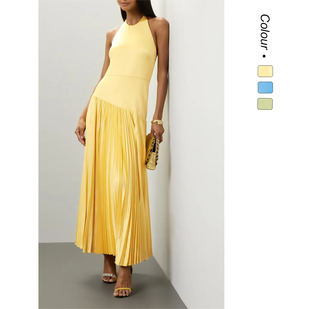 Damen Elegantes Maxi-Kleid mit fließendem Faltenrock und Halterneck-Design EB
