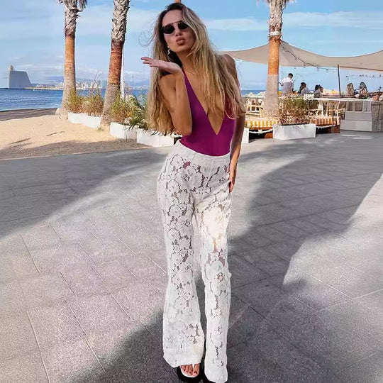 Damen Elegante Spitzenhose mit weitem Bein und floralen Details EB