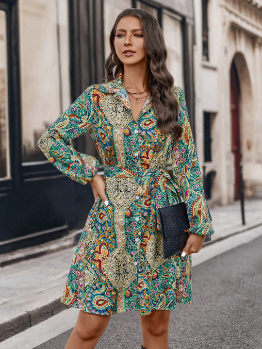 Damen Hemdblusenkleid mit buntem Paisleymuster und Gürtel EB