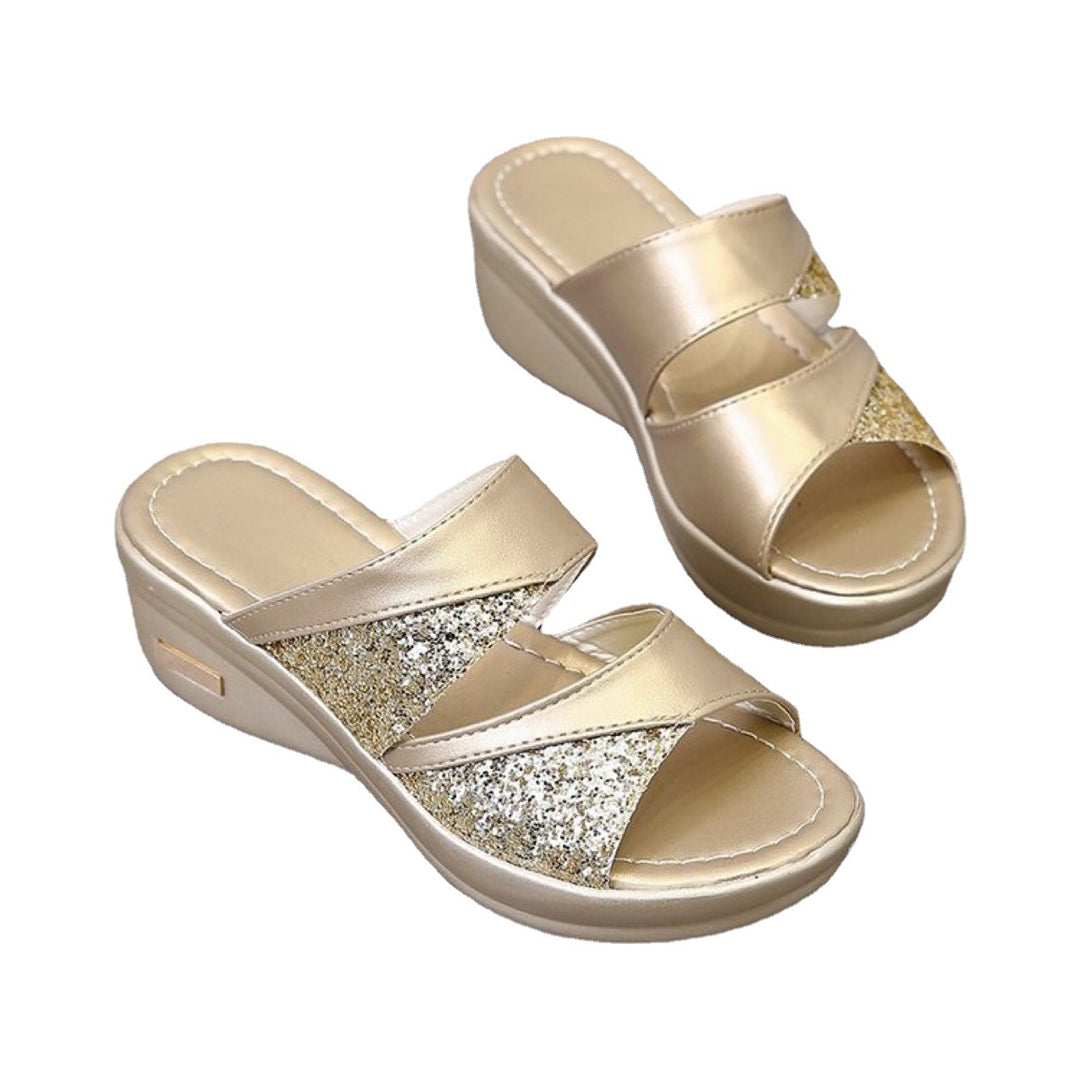 Damen glamouröse Wedge-Pantoletten mit Glitzerakzenten EB