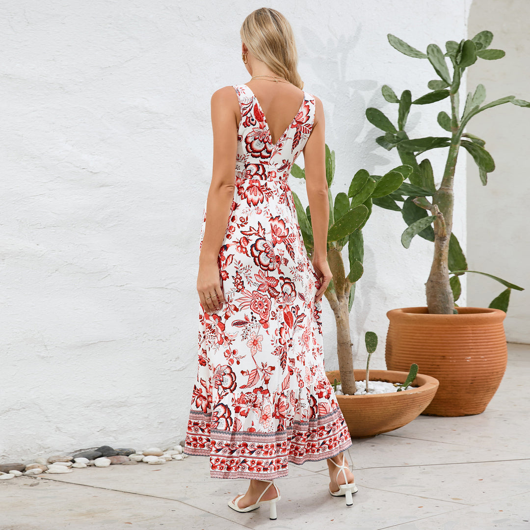 Damen Langes Maxikleid mit floralem Design und voluminösem Saum EB