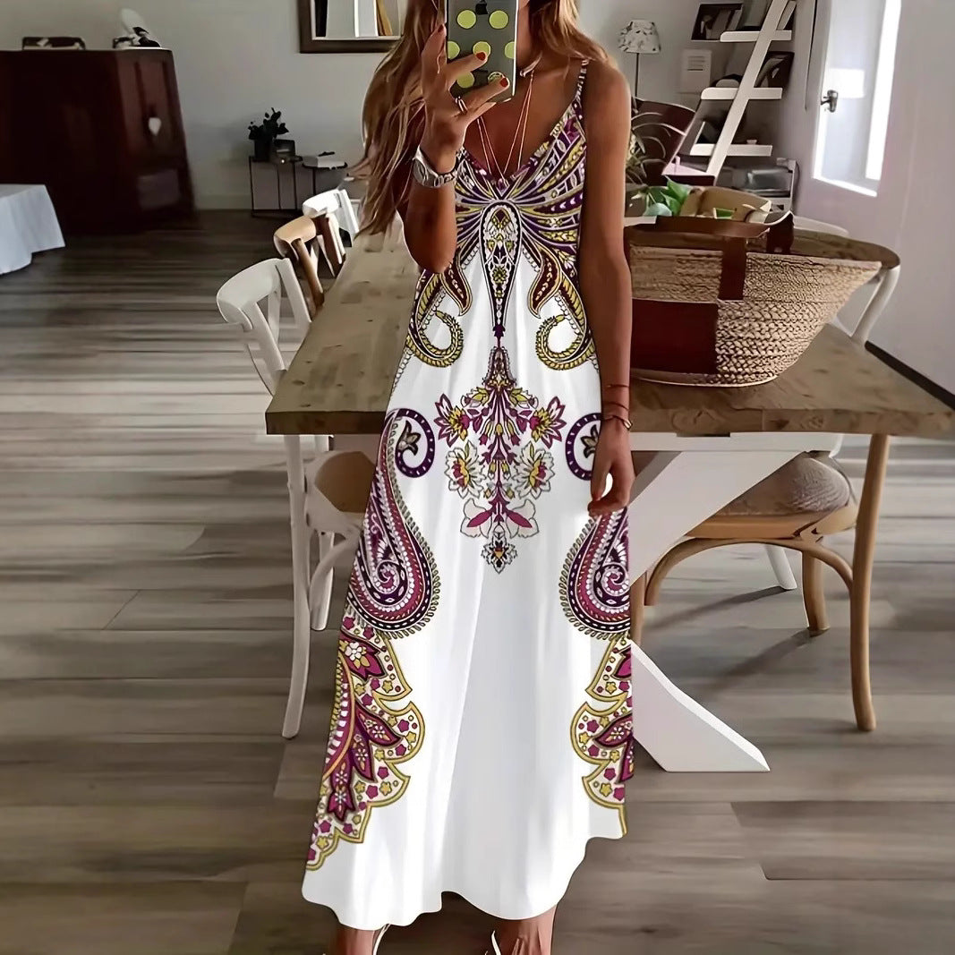 Damen Maxi-Kleid mit geschwärztem Paisley-Muster und elegantem V-Ausschnitt EB