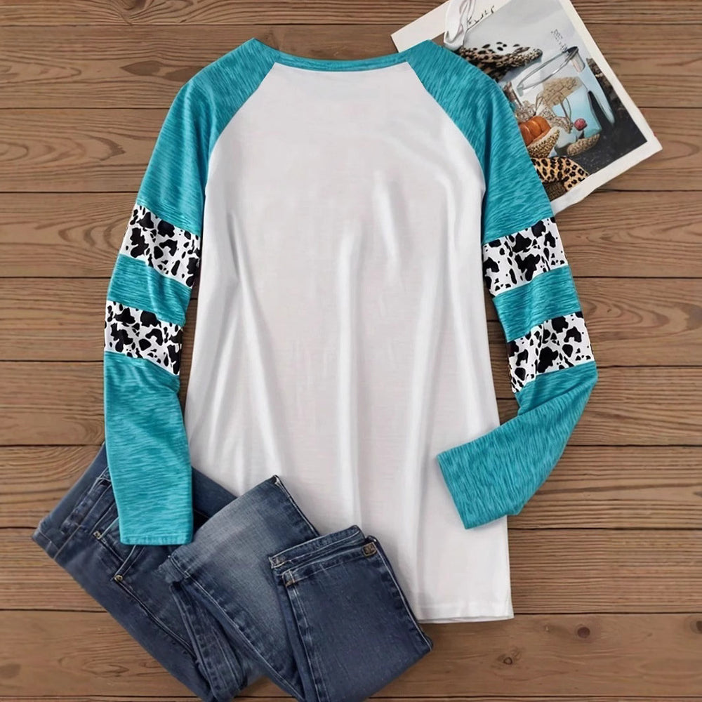 Damen Langarmshirt mit kreativem Kürbis-Design und kontrastierenden Ärmeln EB