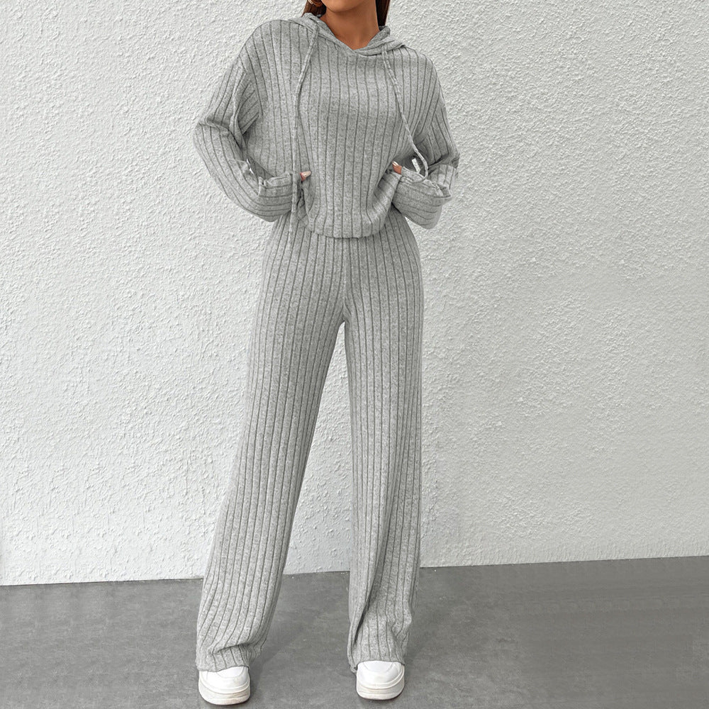 Damen geripptes Lounge-Set mit Kapuzenpullover und weiter Highwaist-Hose Eichborn Berlin