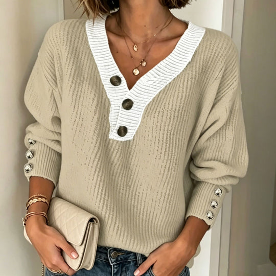 Damen Feinstrickpullover mit tiefem V-Ausschnitt, kontrastierter Knopfleiste und Zierknopf-Ärmeln EB
