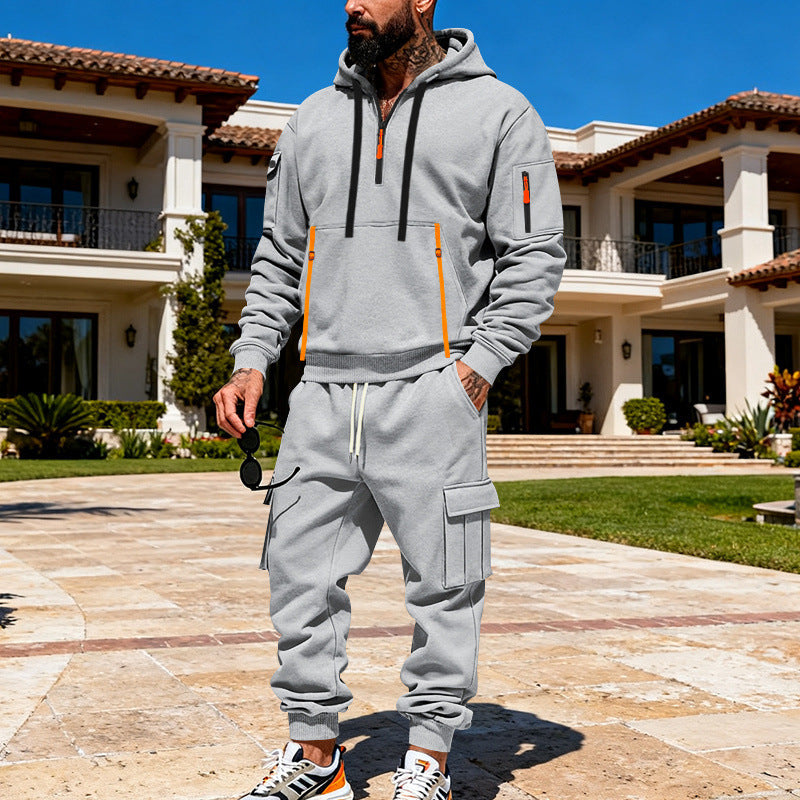Herren nan urbanes Hoodie-Cargo-Set mit versteckten Reißverschlüssen, Mehrfach-Taschen und elastischem Saum EB