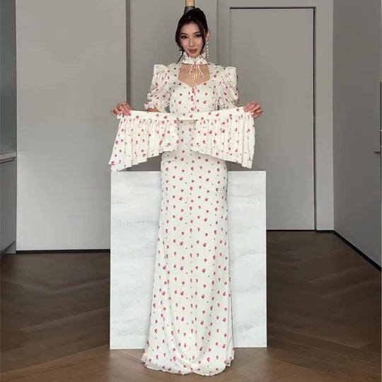 Damen Maxikleid mit romantischem Puffärmel-Design und verspieltem Rüschensaum EB