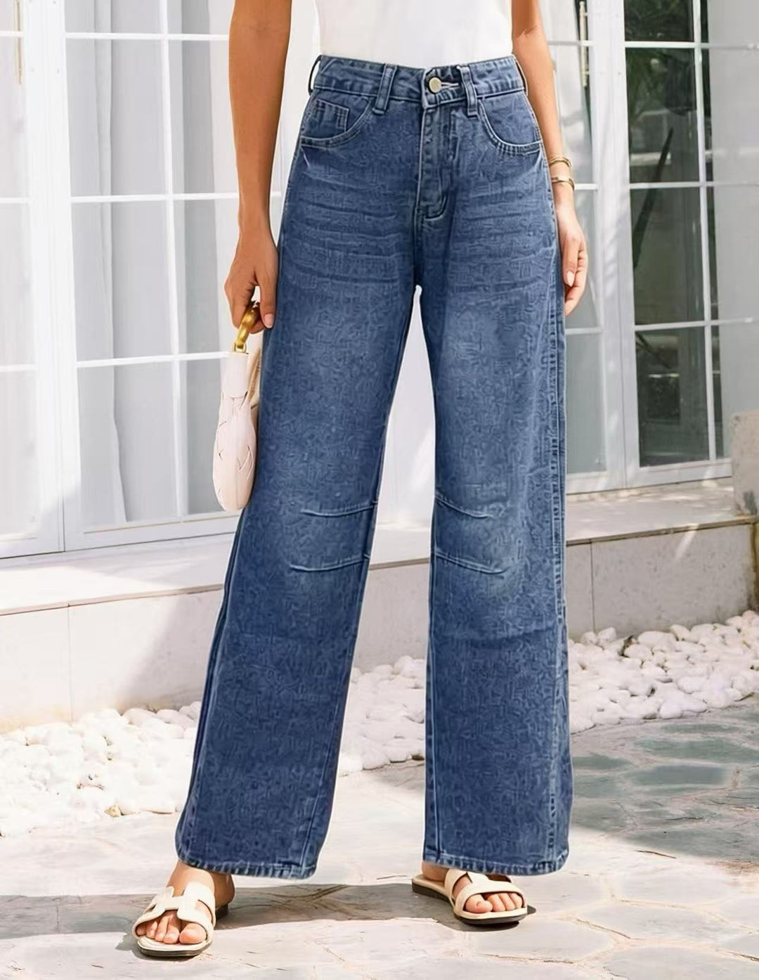Damen nan High-Waist weite Denim-Hose mit ausgestelltem Bein und tonalen Knie-Abnähern EB