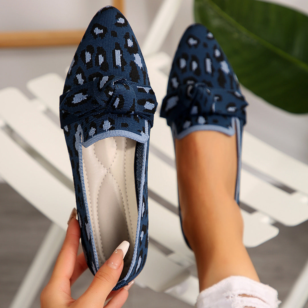 Damen  spitze Slipper aus gestricktem Animal-Print mit dekorativer Schleife und gepolstertem Komfortfußbett EB
