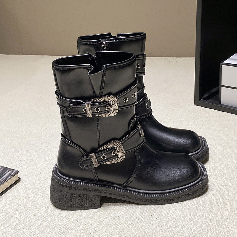 Damen modische Stiefel mit dekorativen Schnallen und robustem Profil EB