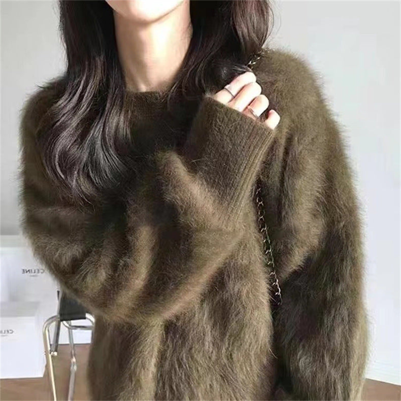 Damen Flauschiger Rundhals-Pullover mit lässigem Schnitt und oversized Passform EB