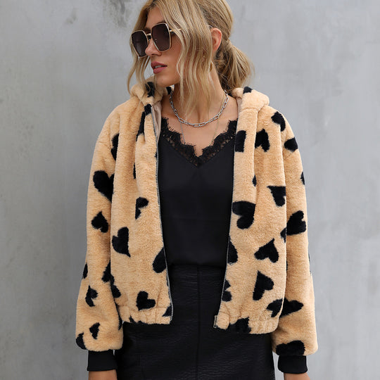 Damen Kuschelige Fleecejacke mit Herzmuster EB