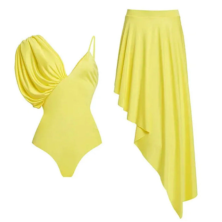 Damen asymmetrischer Einteiler Badeanzug mit voluminösen Puffärmeln EB