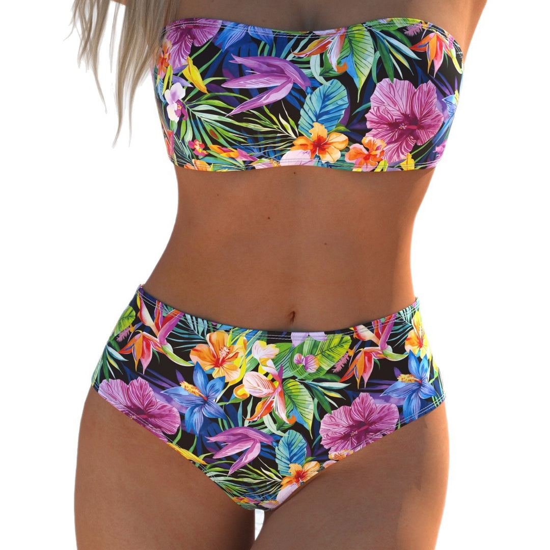 Damen Bandeau-Bikini mit hohem Taillenschnitt und buntem Tropenmotiv EB