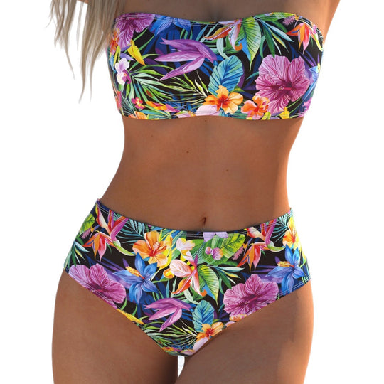 Damen Bandeau-Bikini mit hohem Taillenschnitt und buntem Tropenmotiv EB