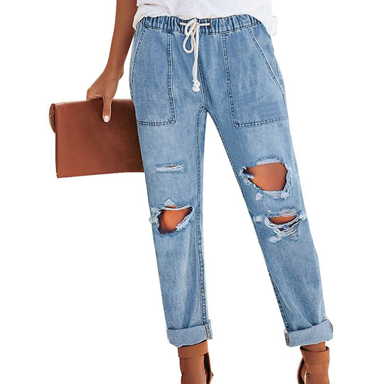 Damen nan lässige Destroyed-Denim-Jogger mit elastischem Kordelbund und aufgesetzten Fronttaschen EB