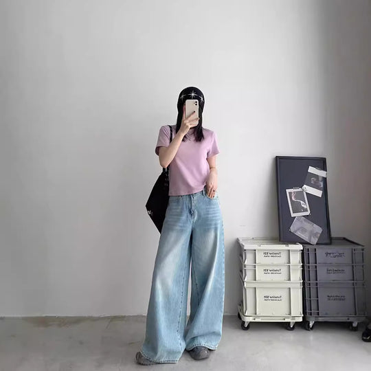 Damen Weite Jeans im lässigen Urban-Style mit hohem Bund und seitlichen Taschen EB