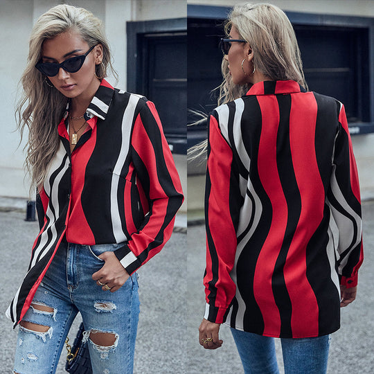 Damen Bluse im modernen Wellenmuster mit knöpfbarer Front und langen Ärmeln EB