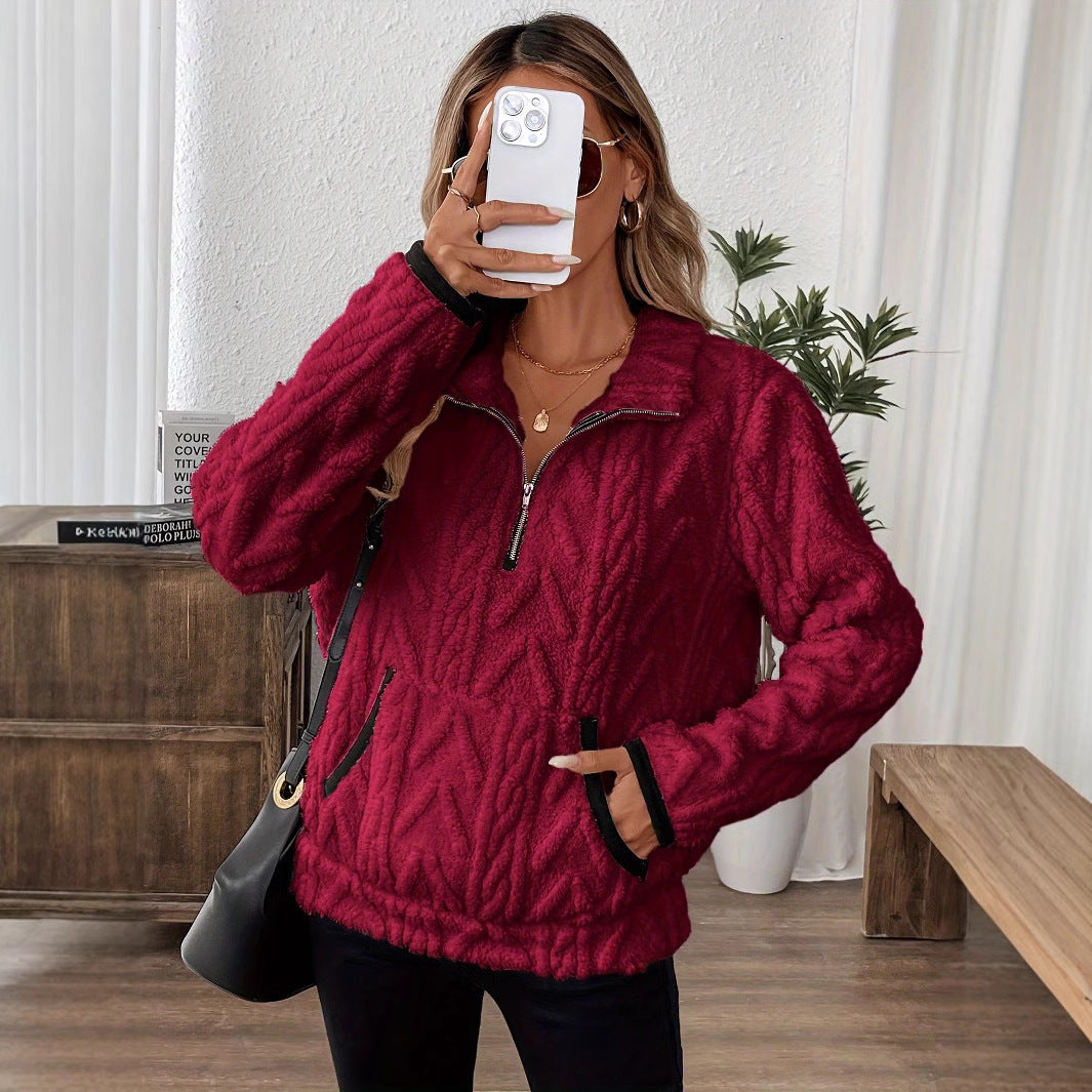 Damen Flauschiger Teddy-Pullover mit hohem Kragen und Eingrifftaschen EB