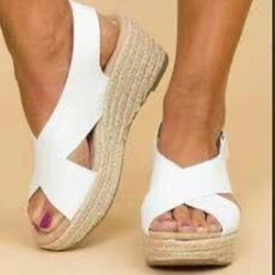 Damen Wedge-Sandalen mit Cross-Over-Riemen und juteumrandeter Sohle EB
