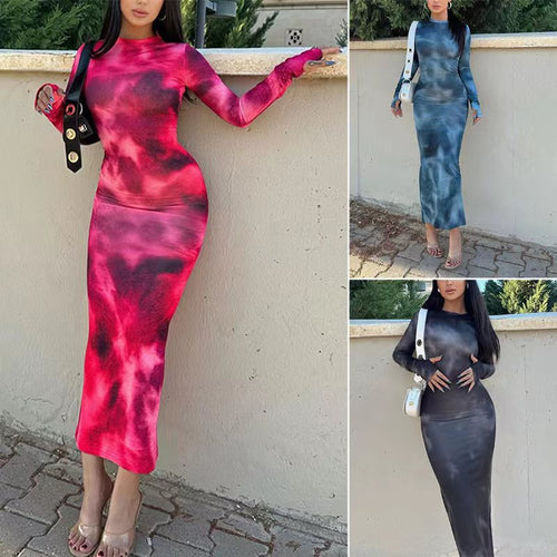Damen Figurbetontes Langarm-Midi-Kleid mit einzigartigem Farbverlauf EB