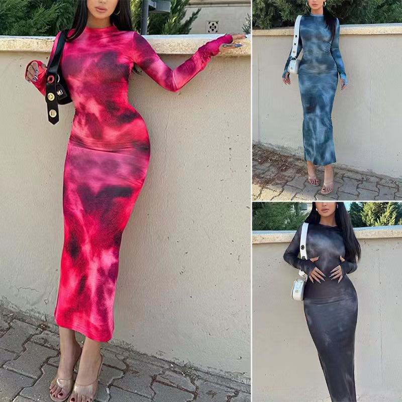 Damen Langärmliges Maxikleid mit modischem Batikdesign EB
