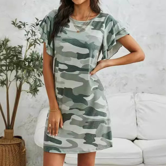 Damen Freizeitkleid mit Rüschendetails und Camouflage-Design EB