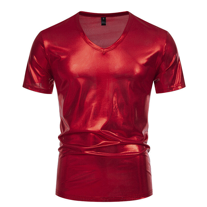 Herren V-Ausschnitt T-Shirt aus glänzendem Material mit persönlichem Stil EB