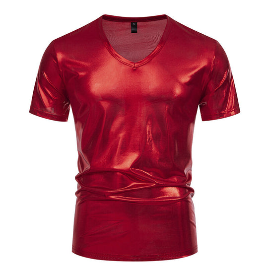 Herren V-Ausschnitt T-Shirt aus glänzendem Material mit persönlichem Stil EB