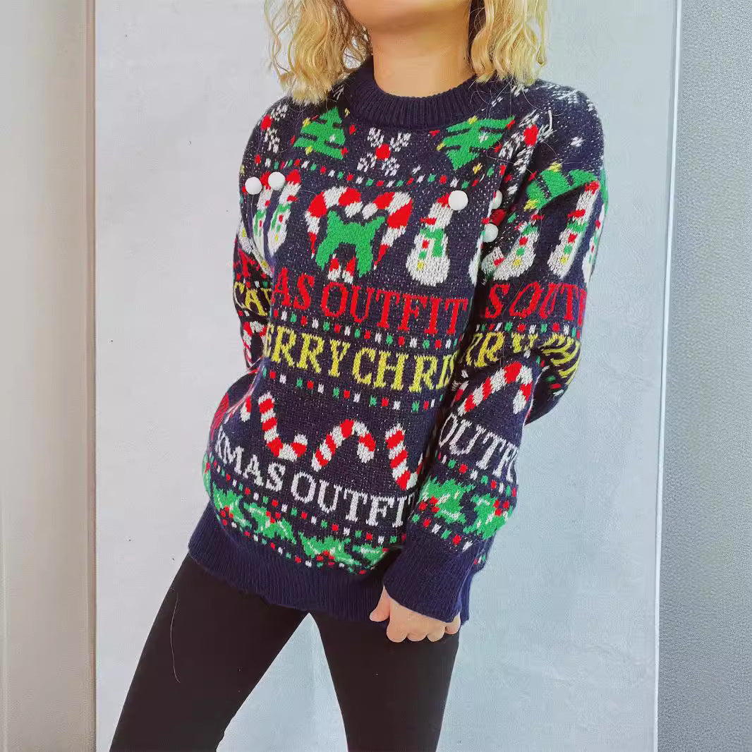 Damen weihnachtlicher Pullover mit bunten Motiven und lustigen Applikationen EB