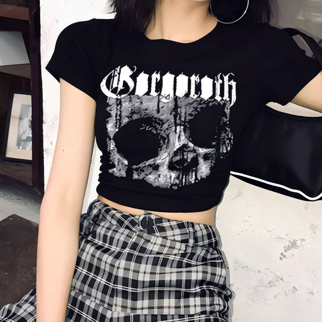 Damen Crop-T-Shirt mit einzigartigem Totenkopf-Design EB