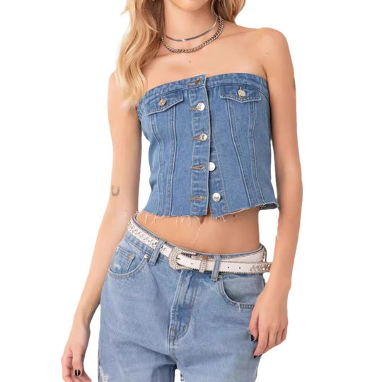 Damen Denim-Crop-Top mit gestricktem Überwurf EB