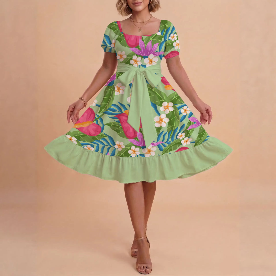 Damen Sommerkleid mit floralem Puffärmel und taillierbarem Gürtel EB