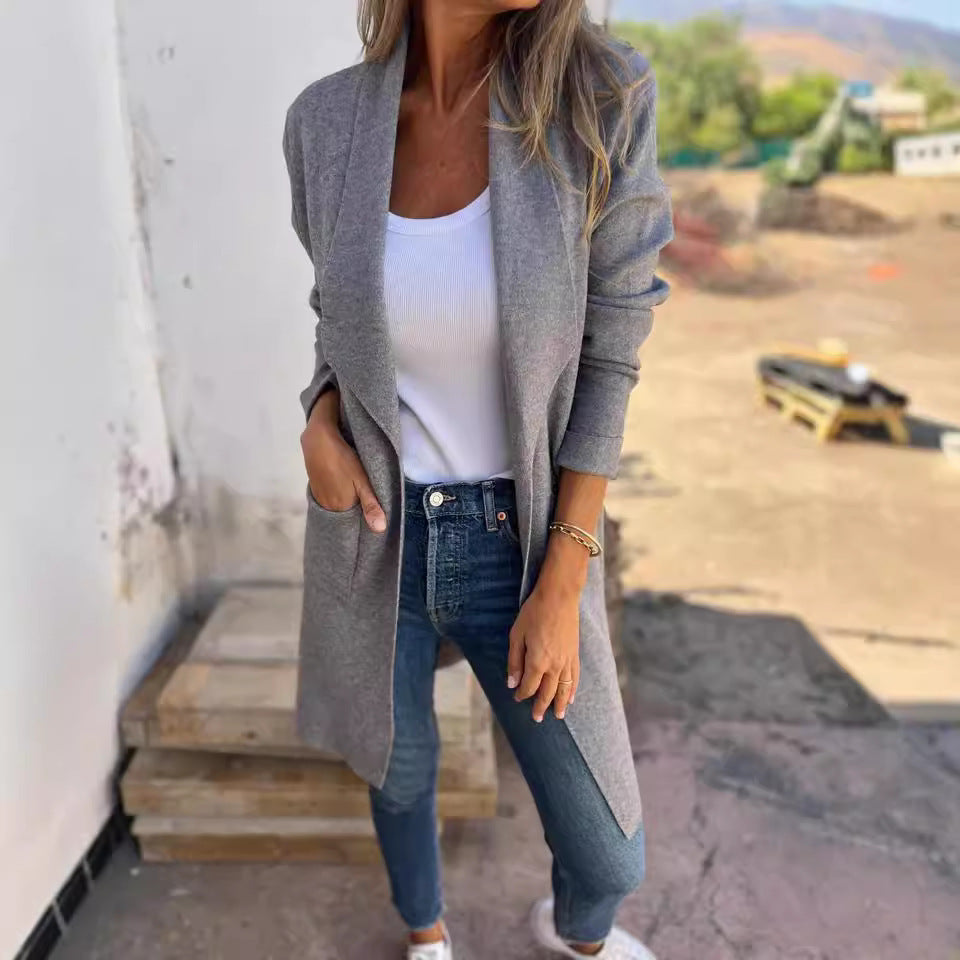 Damen Langer Strickcardigan mit offenen Kanten und Taschen EB