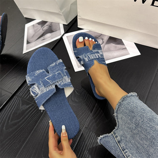 Damen Pantoletten mit modischem Fransen-Design und elastischem Riemen EB
