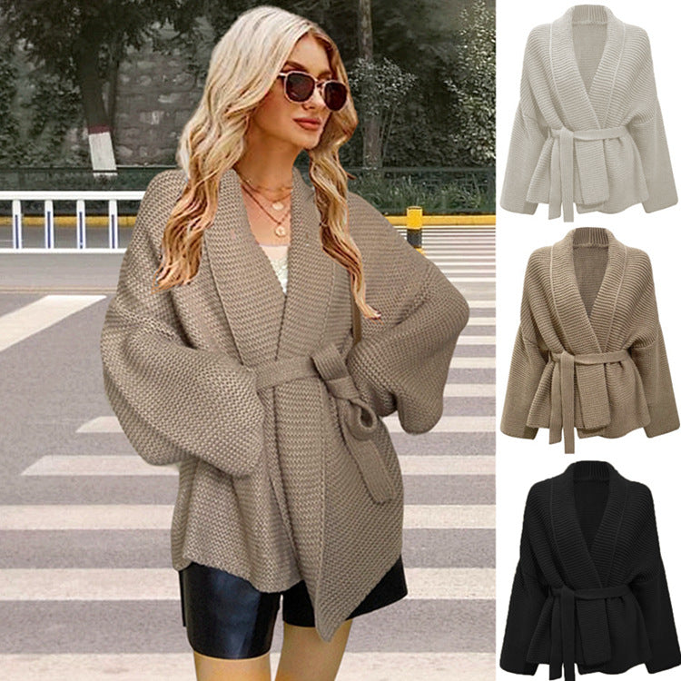 Damen Grobstrickjacke mit breitem Gürtel und weitem Schnitt EB