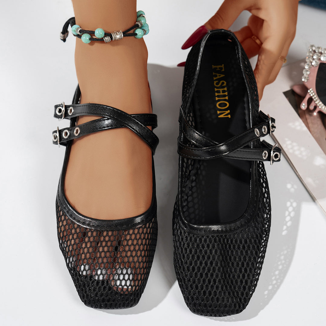 Damen modische Ballerinas mit atmungsaktivem Netzdesign und verstellbaren Riemen EB