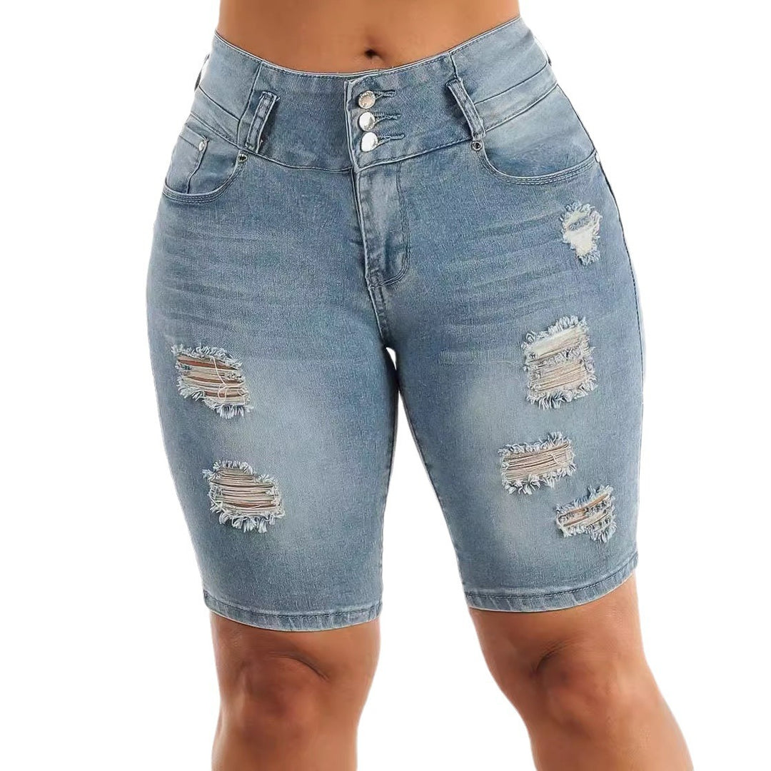 Damen Ripped Denim Shorts mit regulierbarem Bund und modischen Zierflicken EB