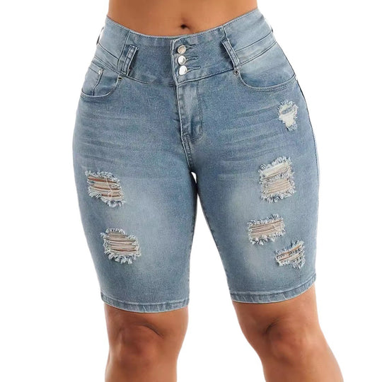Damen Ripped Denim Shorts mit regulierbarem Bund und modischen Zierflicken EB