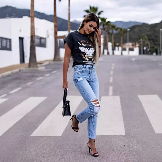 Damen Destroyed Jeans im High-Waist-Stil EB