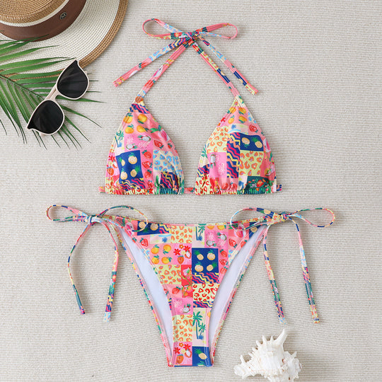 Damen Triangel-Bikini mit verstellbaren Bindebändern und floralen Details EB