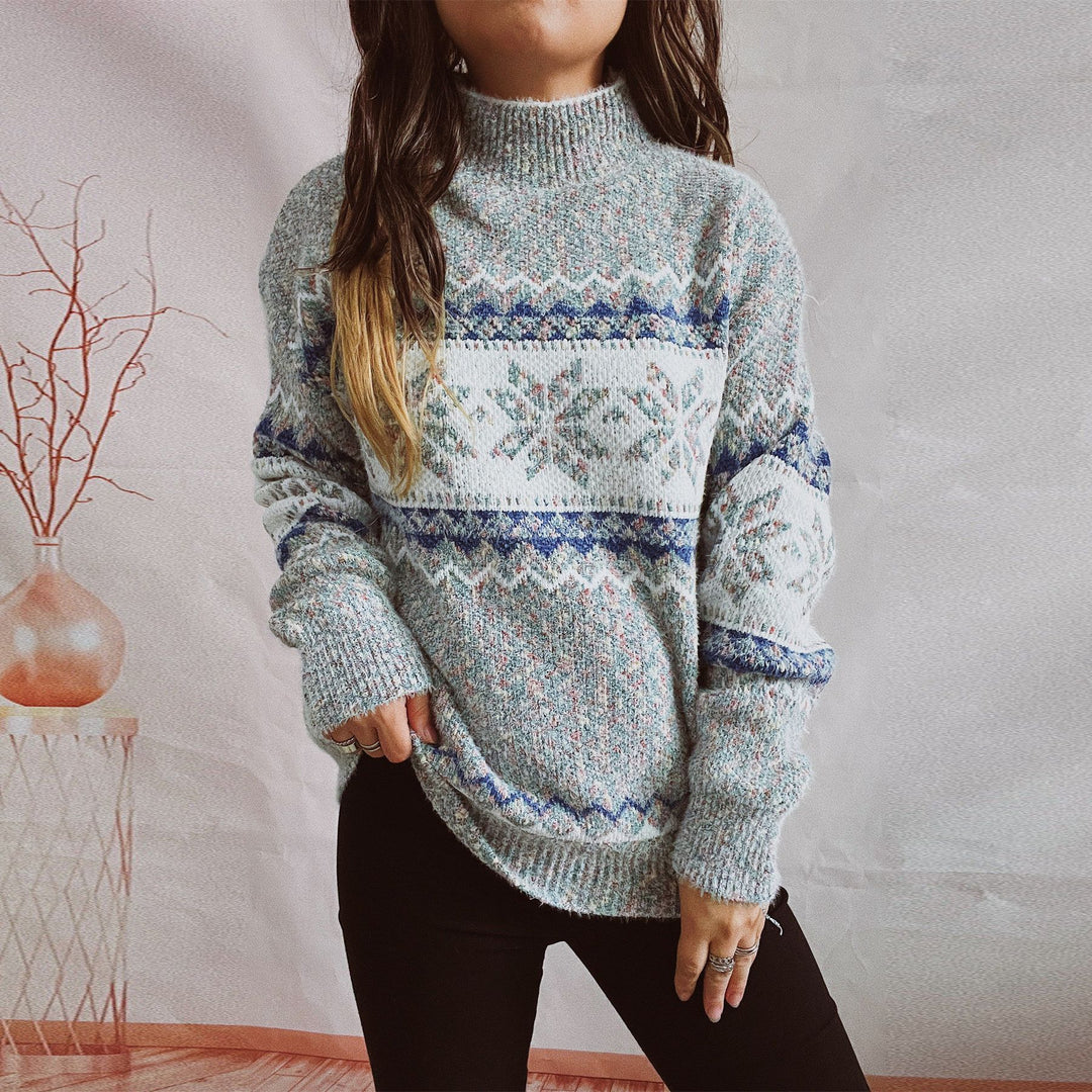 Damen Strickpullover mit geometrischem Muster und hohem Kragen EB