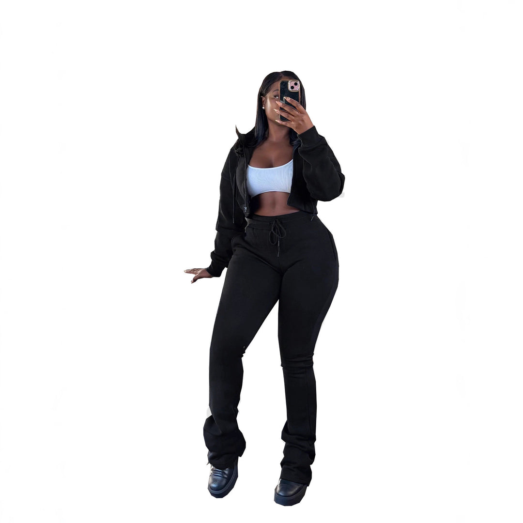 Damen nan kurz geschnittenes Zip-Hoodie und Highwaist-Jogginghose-Set mit Kordelzug und leicht gerafften Knöchelabschlüssen EB