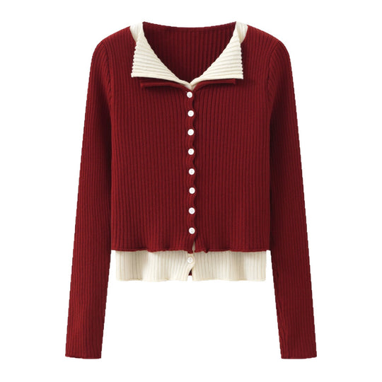 Damen Eleganter Cardigan mit Knopfleiste und Kontrastbesatz EB