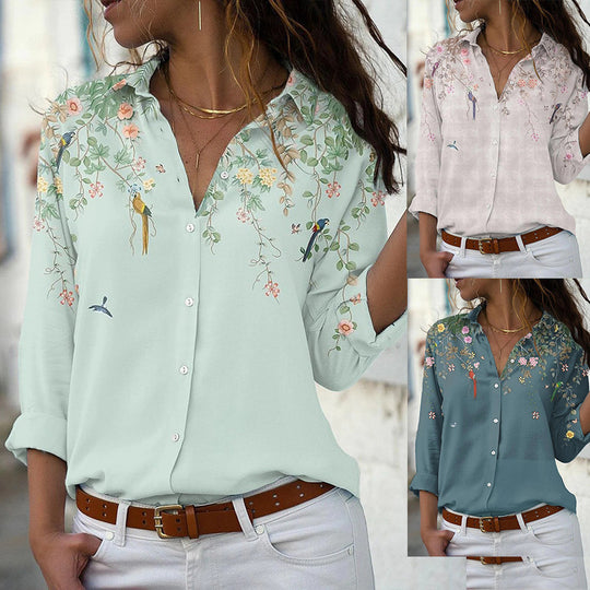 Damen nan leichte Chiffonbluse mit floralem Vogelprint, Knopfleiste und lässigem Schnitt EB