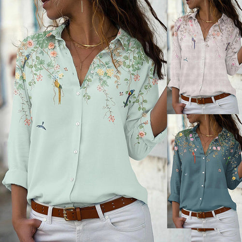 Damen nan leichte Chiffonbluse mit floralem Vogelprint, Knopfleiste und lässigem Schnitt EB