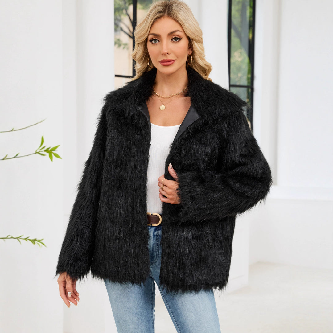 Damen Flauschige Kunstpelzjacke mit Umlegekragen und lockerer Passform EB