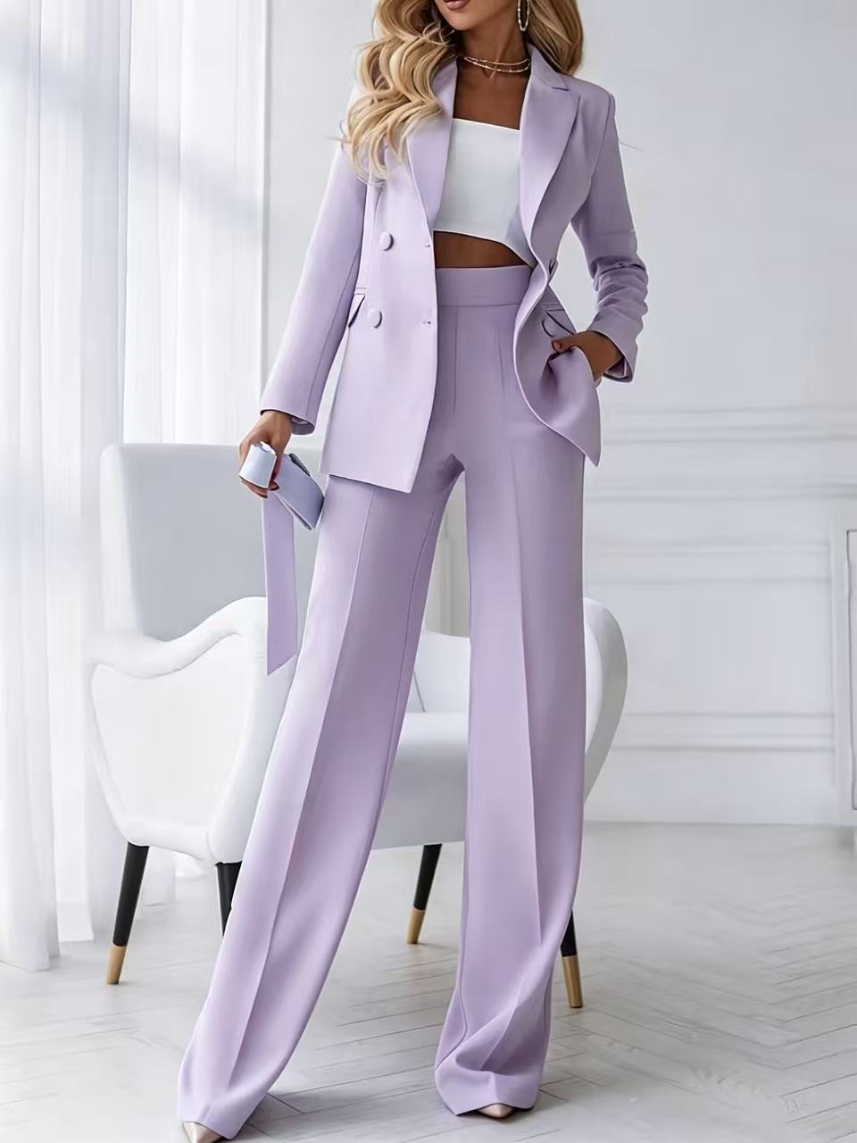 Damen Zweiteiliger Business-Hosenanzug mit tailliertem Zweireiherblazer und High-Waist Palazzo-Hose EB