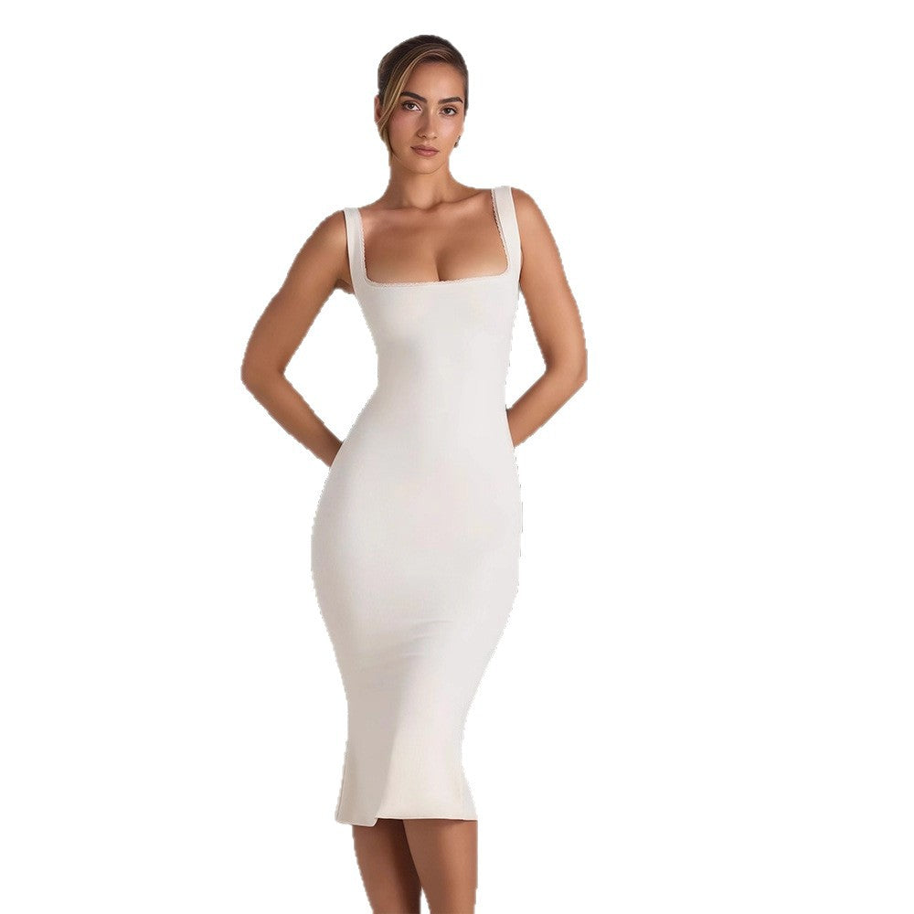 Damen Figurumspielendes Midi-Kleid mit quadratischem Ausschnitt und schmalem Schnitt EB