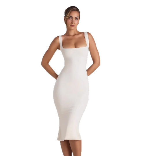 Damen Figurumspielendes Midi-Kleid mit quadratischem Ausschnitt und schmalem Schnitt EB